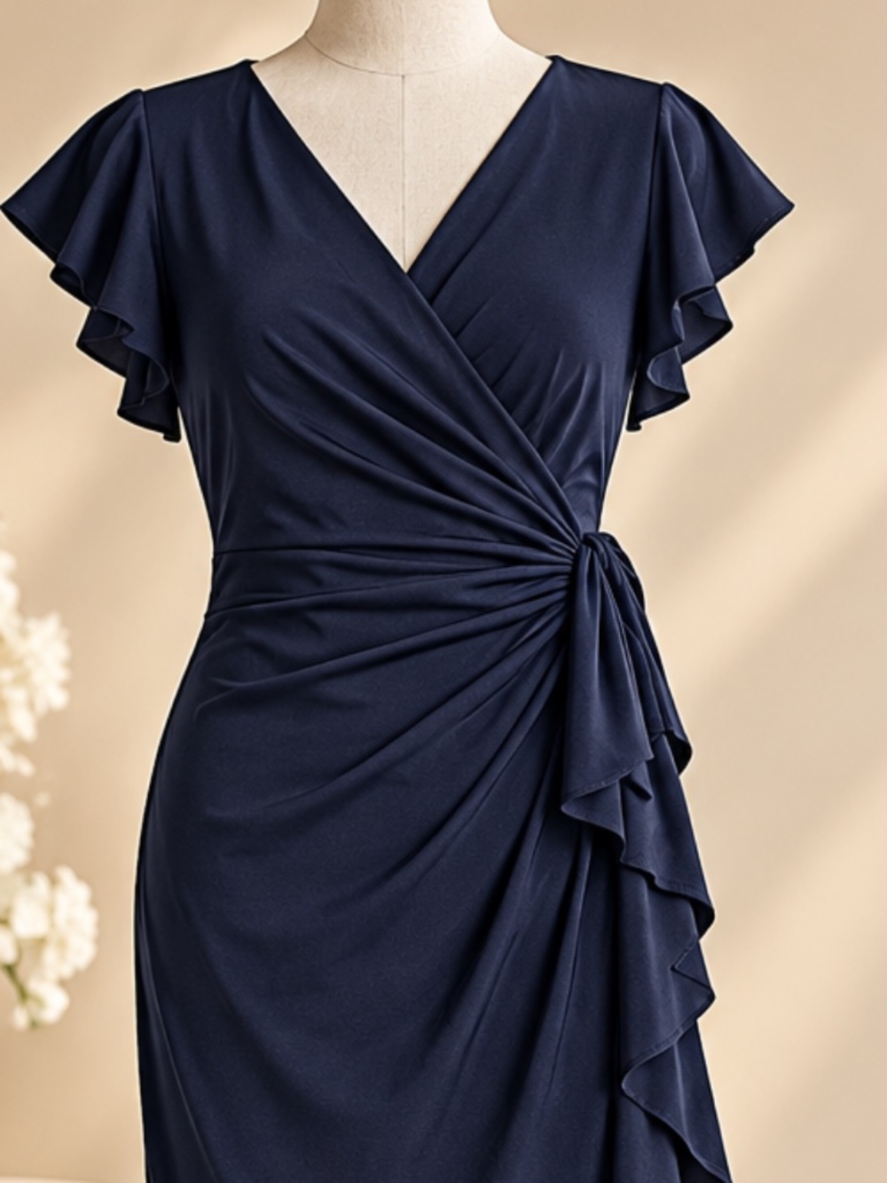 Lauren Ralph Lauren Navy Ruched Ruffle Wrap Dress Size 12 - Picture 6 of 14